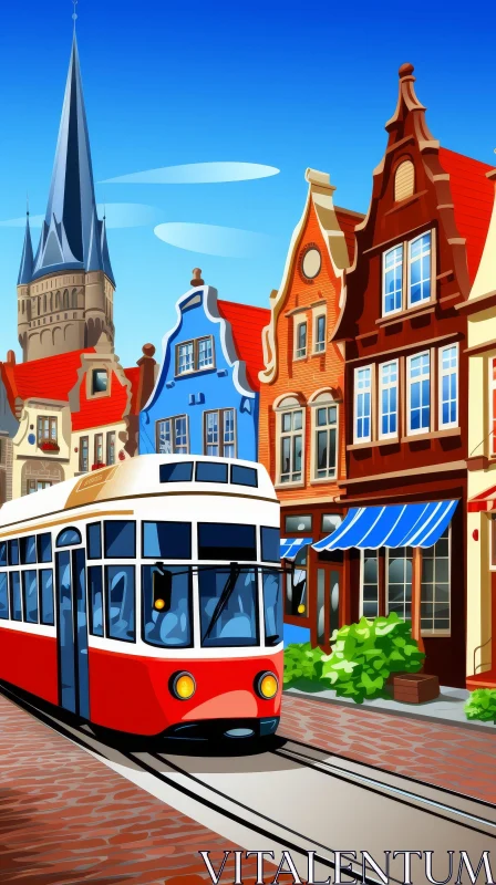 European City Street Painting with Tram AI Image