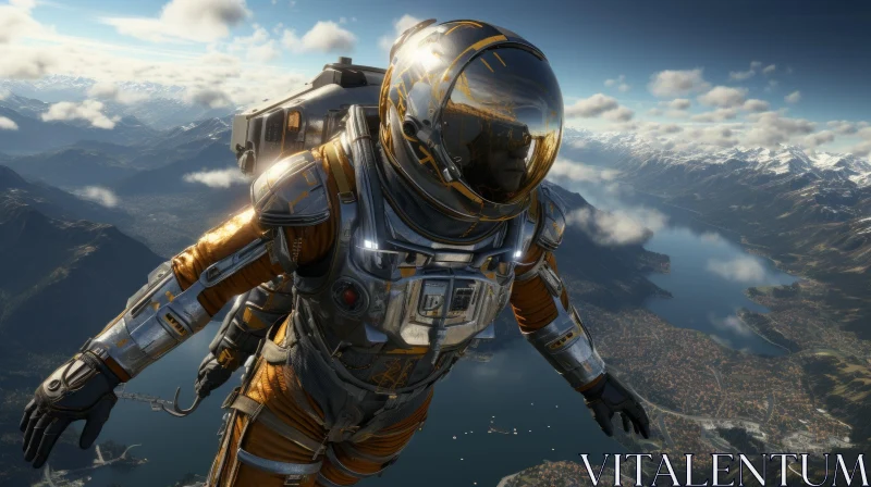 Futuristic Astronaut Flying Above Mountain Landscape AI Image