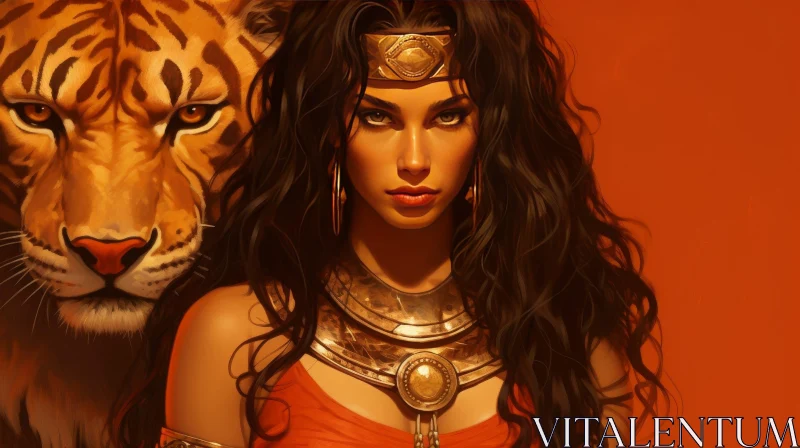 Golden Woman Portrait with Majestic Tiger in Desert AI Image