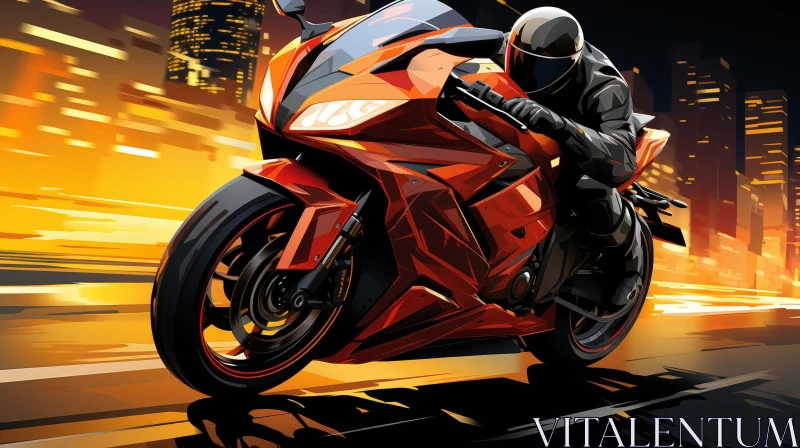 Man Riding Motorcycle in City at Night - Digital Painting AI Image