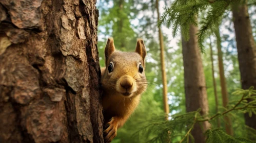Curious Squirrel Peeking Behind Tree Trunk