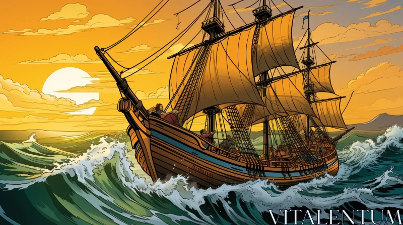 Historical Wooden Ship Sailing Through Stormy Seas AI Image