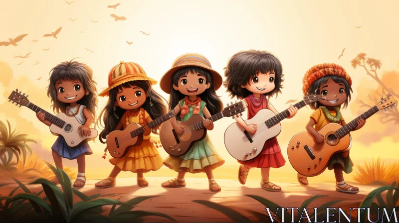 Joyful Girls Playing Guitars in Tropical Setting AI Image
