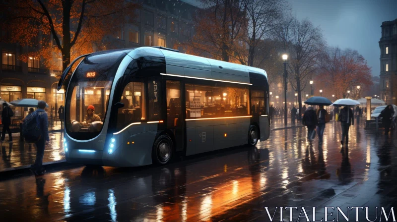 Modern City Bus in Rain - Urban Transport Scene AI Image