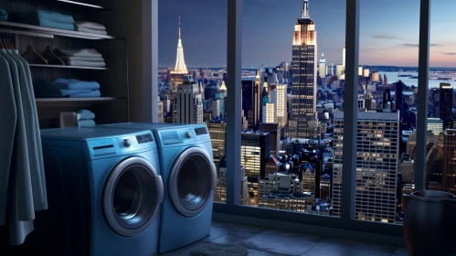Modern Laundry Room in High-Rise Apartment | Manhattan Skyline View