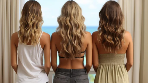 Seaside Encounter: Three Women with Long Wavy Hair