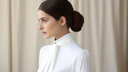 Serious Young Woman Portrait in White Blouse