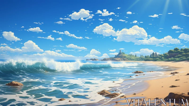 Tranquil Beach Scene with Sun and Rocks AI Image