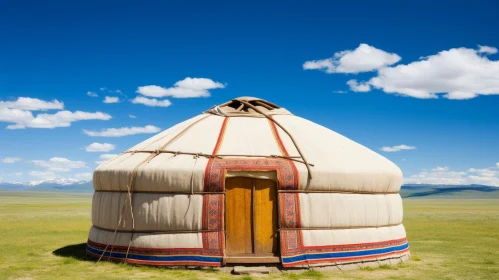 Tranquil Mongolian Yurt in Steppe with Snow-Capped Mountains