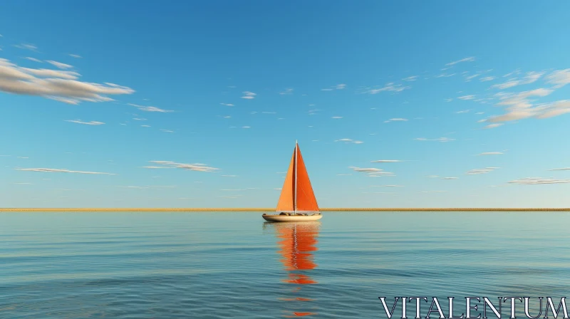 AI ART Tranquil Sea Scene: Solitary Sailing Boat with Orange Sail