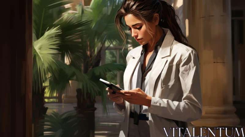 Young Woman in Lab Coat in Tropical Atrium AI Image