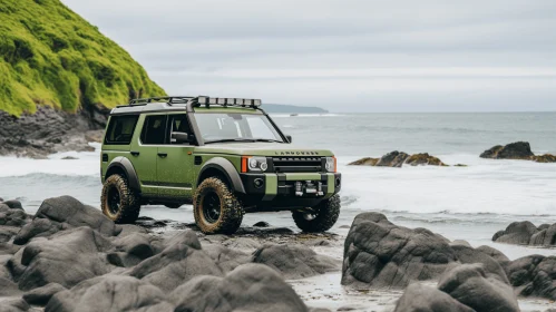 Green Land Rover Parked with Rocks - Adventure Themed