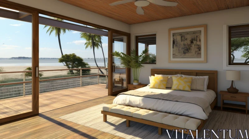Modern Beach House Bedroom with Ocean View AI Image