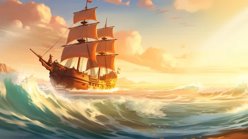 Pirate Ship Sailing on Rough Sea Digital Painting