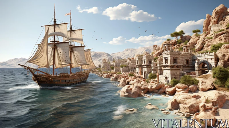 Pirate Ship Sailing on the Sea - Digital Painting AI Image
