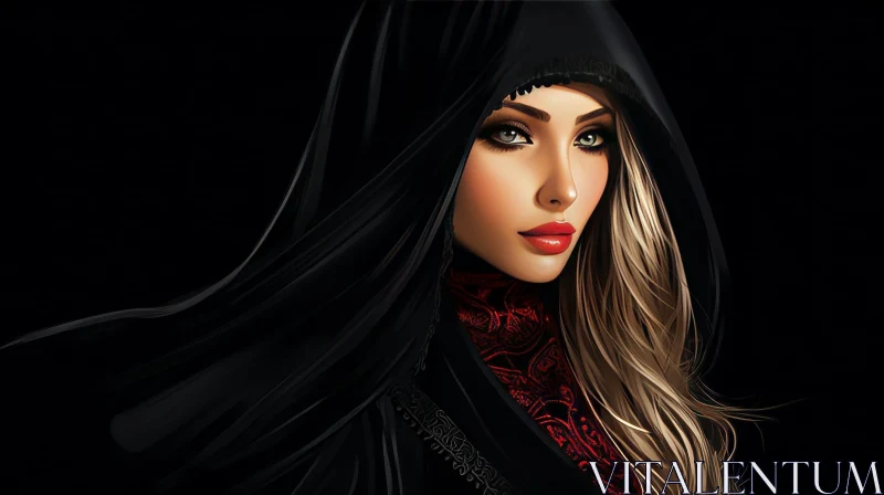 AI ART Serious Young Woman Portrait in Black Hijab