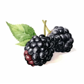 Blackberry Illustration on White Background with Leaves | Dark Magenta and Dark Amber