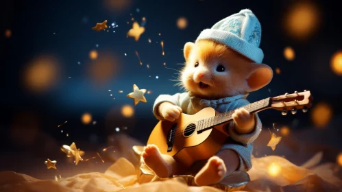 Charming Mouse Playing Guitar Under Starry Night Sky