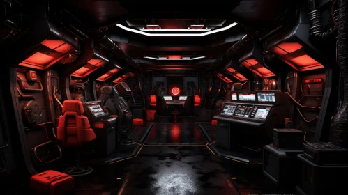 Dark Spaceship Control Room with Red Lights