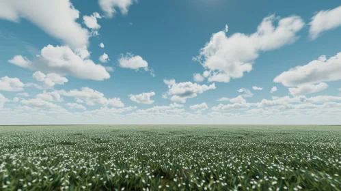 Green Field with White Flowers: Serene Nature Landscape