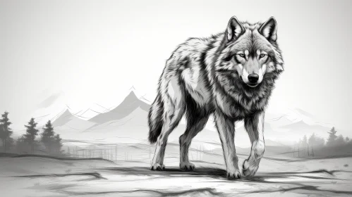 Intense Wolf Digital Drawing in Nature