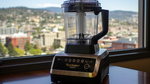 Modern Kitchen Blender on Wooden Table with Cityscape View