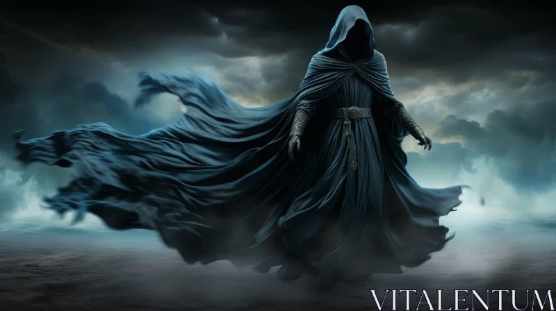 Mysterious Dark Fantasy Art of Cloaked Figure in Stormy Landscape AI Image