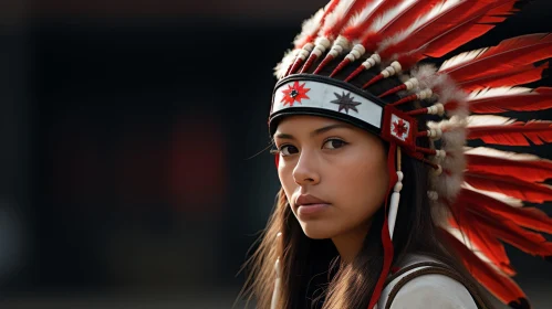 Native American Woman in Red and White Feather Headdress