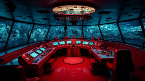 Submarine Control Room with Red Lights and Ocean View