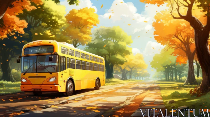 Tranquil Forest Landscape with Bus in Autumn AI Image