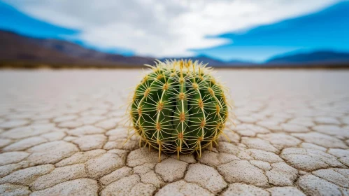 Close-up of Green Cactus on Dry Lakebed with Mountains
