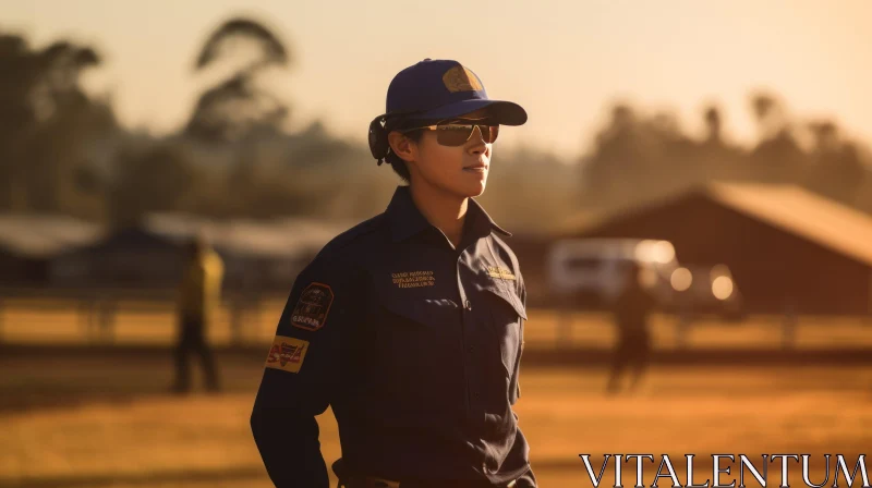 AI ART Female Firefighter in Blue Uniform Standing in Field
