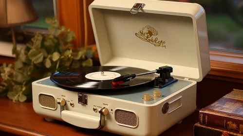 Gray Record Player on Wooden Table with Spinning Vinyl