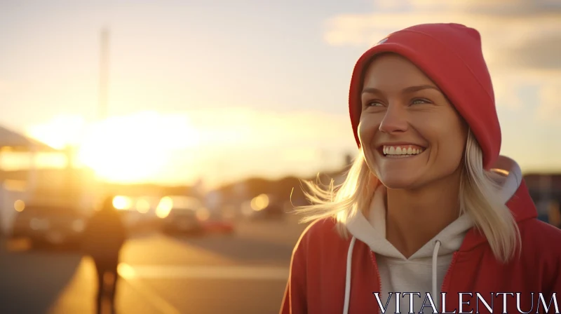 Smiling Blonde Woman at Sunset in a Parking Lot AI Image