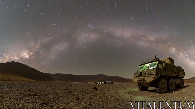 AI ART Starry Night Desert Scene with Military Vehicle in Atacama Desert