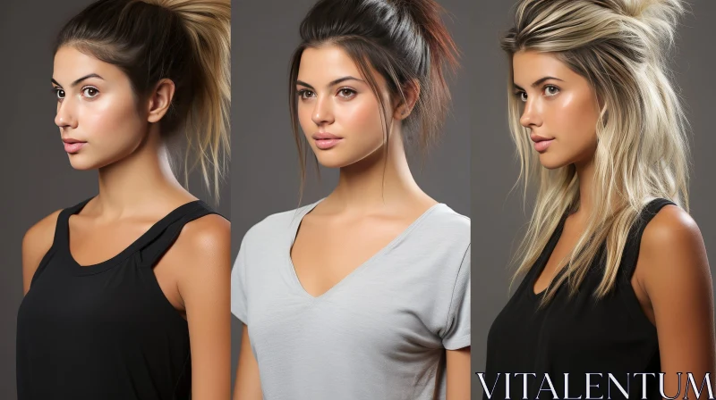 Three Young Women with Different Hairstyles in Black Tank Tops AI Image