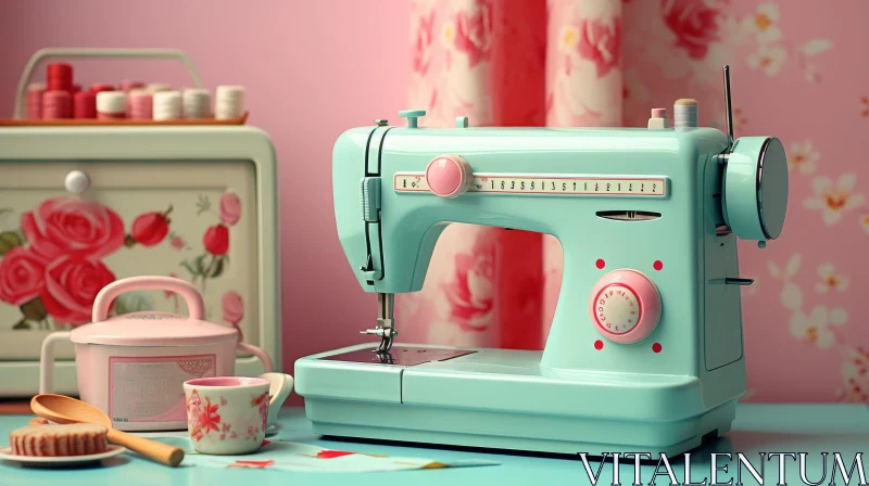 Vintage Sewing Machine and Teacup Still Life AI Image