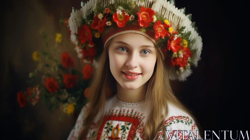 AI ART Young Girl in Traditional Headdress with Flowers