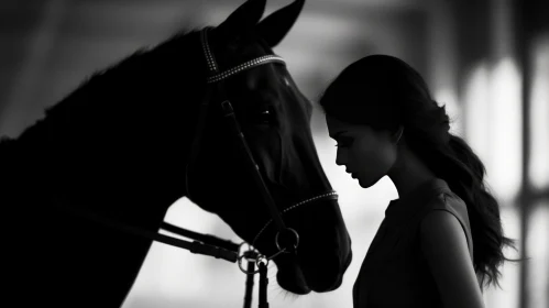 Young Woman and Horse Black and White Portrait