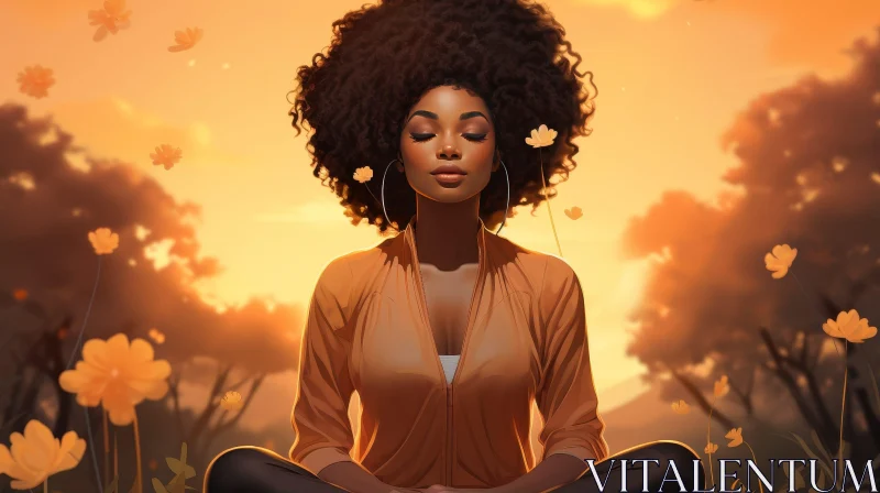 Young Woman Meditating in Nature at Sunset AI Image