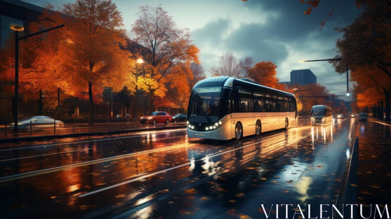 Autumn City Street Scene with Bus Stop and Cars AI Image