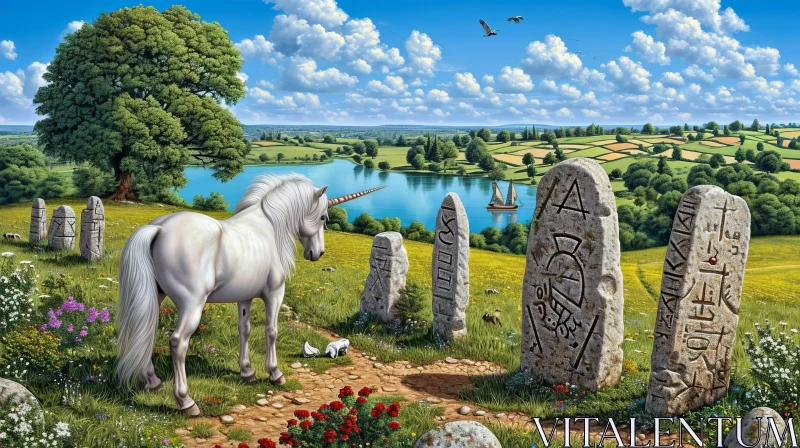 Enchanting Unicorn in Flowery Landscape AI Image