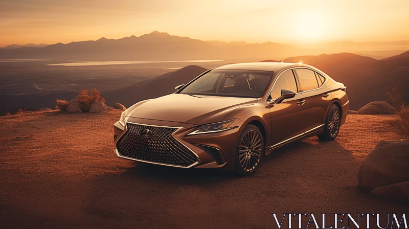 Golden Lexus Canis LS at Sunset in Front of Majestic Mountains AI Image