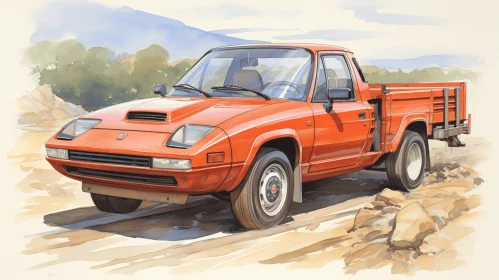 Orange Pickup Truck on Dirt | Realistic Watercolor | Futuristic Design