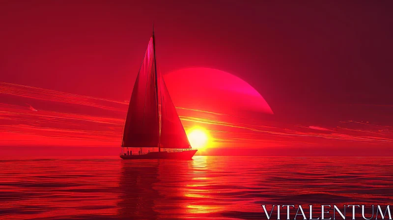 AI ART Red Sunset Seascape with Sailboat