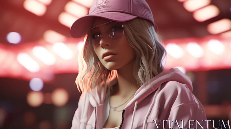 Serious Young Woman in Pink Cap and Glasses AI Image