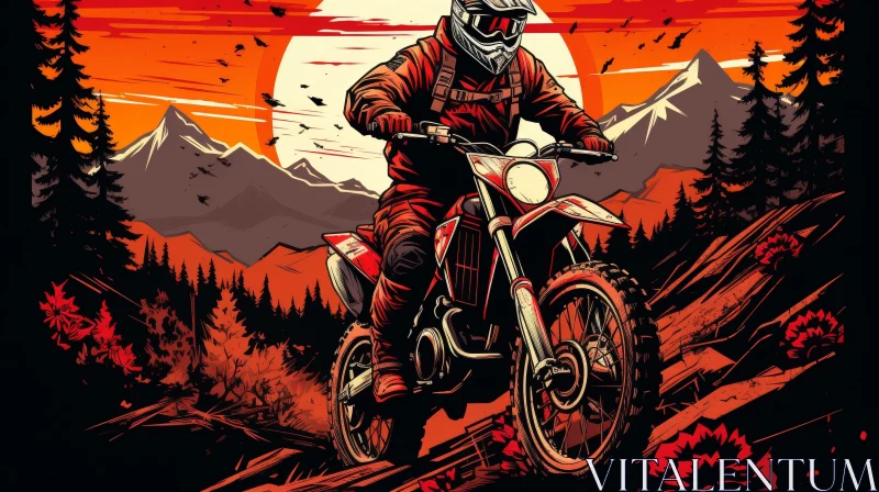Thrilling Dirt Bike Rider Illustration in Forest Setting AI Image