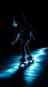Urban Skateboarding: Young Skater Ollie in Neon-lit Space