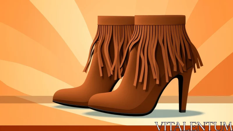 Brown Leather High-Heeled Boots with Fringes on Orange Background AI Image