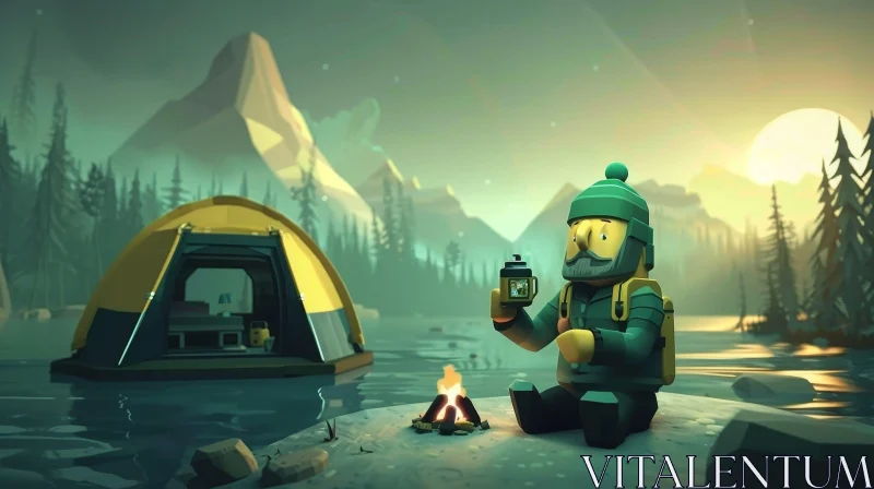 Cartoon Man Camping in Wilderness AI Image